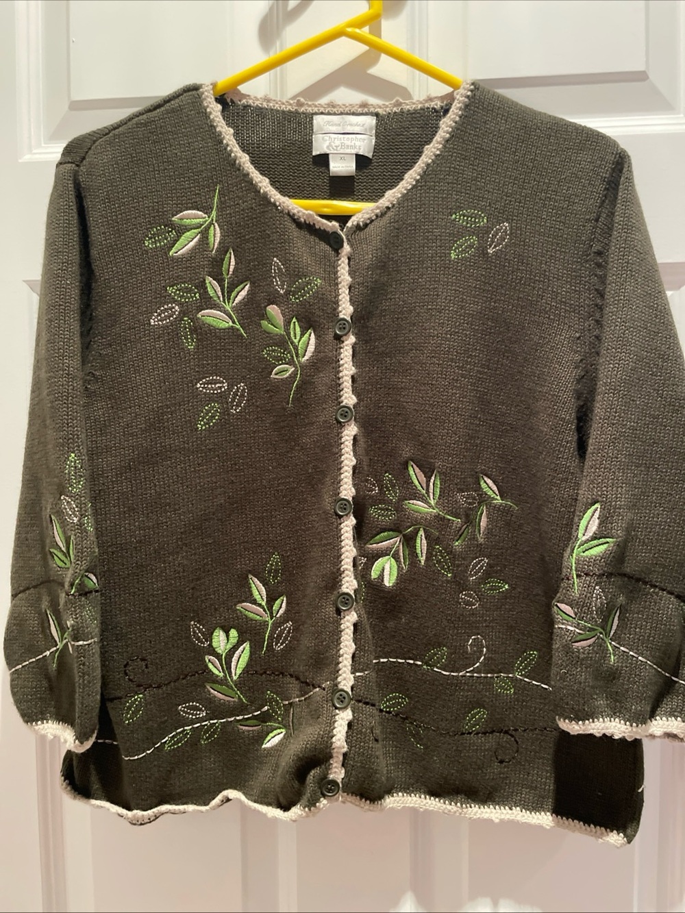 Christopher & Banks Hand Crocheted 3/4 Sleeve Cardigan Green Leaves Size Large